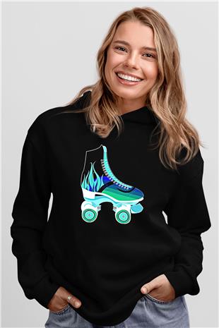 Paten Baskılı Unisex Siyah Kapüşonlu Sweatshirt