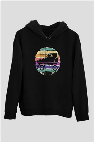 Paten Baskılı Unisex Siyah Kapüşonlu Sweatshirt