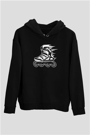 Paten Baskılı Unisex Siyah Kapüşonlu Sweatshirt