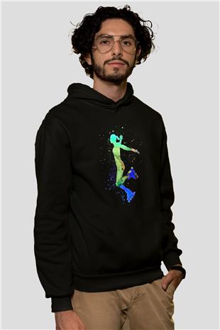 Paten Baskılı Unisex Siyah Kapüşonlu Sweatshirt