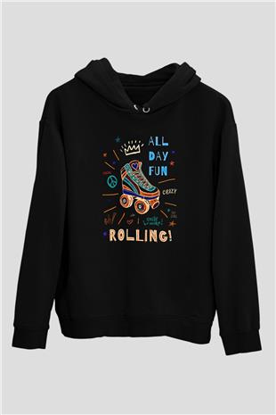Paten Baskılı Unisex Siyah Kapüşonlu Sweatshirt