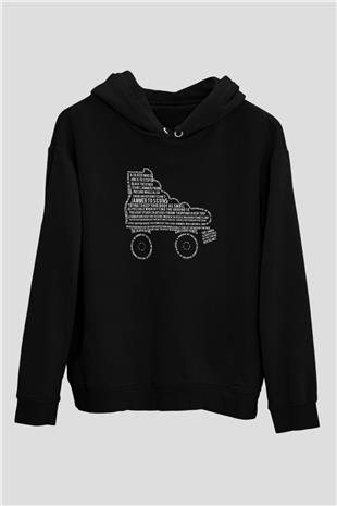 Paten Baskılı Unisex Siyah Kapüşonlu Sweatshirt