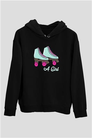 Paten Baskılı Unisex Siyah Kapüşonlu Sweatshirt