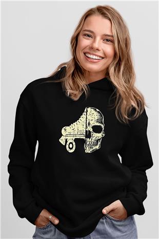 Paten Baskılı Unisex Siyah Kapüşonlu Sweatshirt