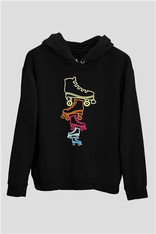 Paten Baskılı Unisex Siyah Kapüşonlu Sweatshirt