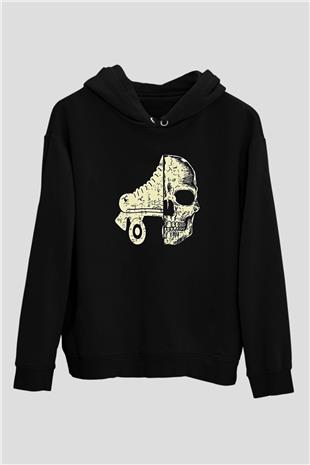 Paten Baskılı Unisex Siyah Kapüşonlu Sweatshirt