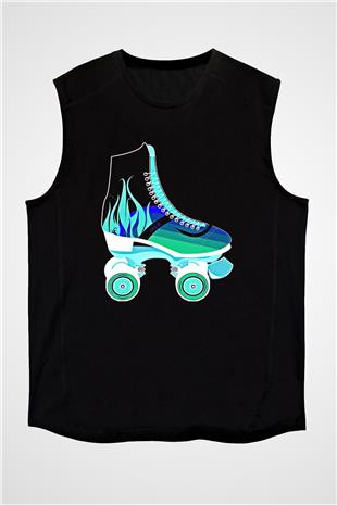 Paten Baskılı Unisex Siyah Kolsuz Tişört