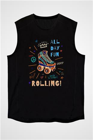 Paten Baskılı Unisex Siyah Kolsuz Tişört