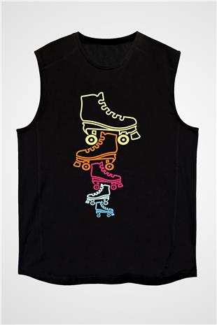 Paten Baskılı Unisex Siyah Kolsuz Tişört
