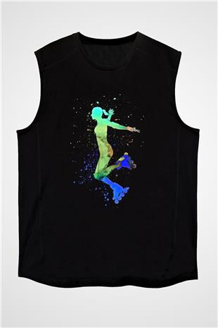 Paten Baskılı Unisex Siyah Kolsuz Tişört