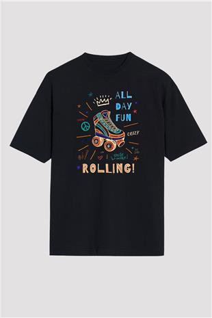 Paten Baskılı Unisex Siyah Oversize Tişört