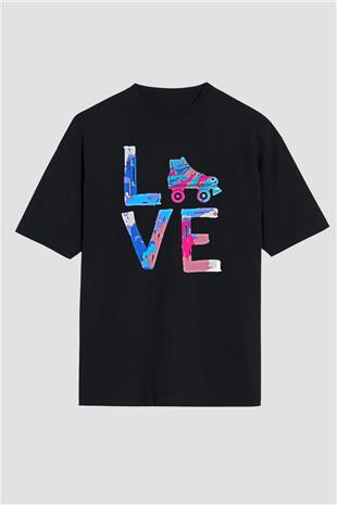 Paten Baskılı Unisex Siyah Oversize Tişört
