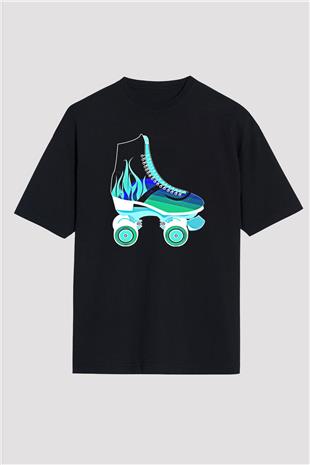 Paten Baskılı Unisex Siyah Oversize Tişört