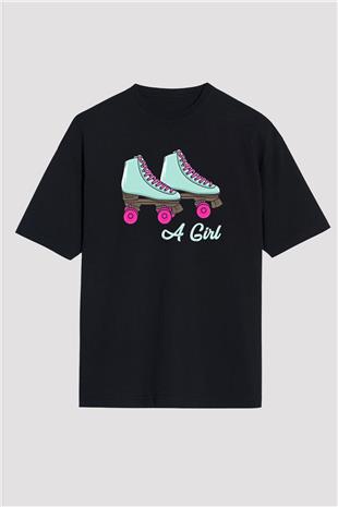 Paten Baskılı Unisex Siyah Oversize Tişört