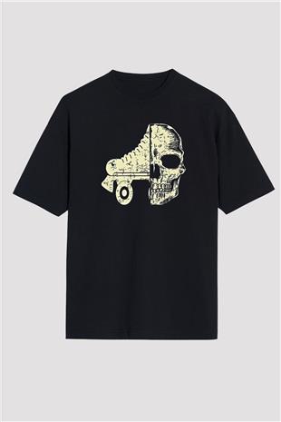 Paten Baskılı Unisex Siyah Oversize Tişört