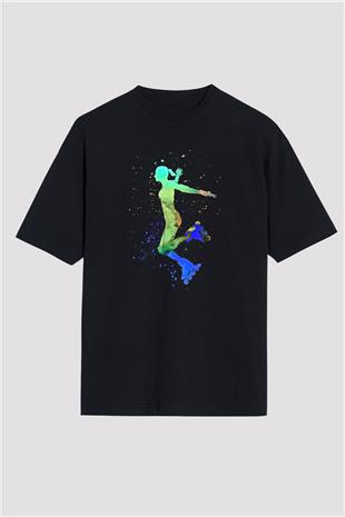 Paten Baskılı Unisex Siyah Oversize Tişört