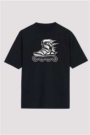 Paten Baskılı Unisex Siyah Oversize Tişört