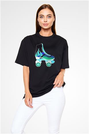 Paten Baskılı Unisex Siyah Oversize Tişört