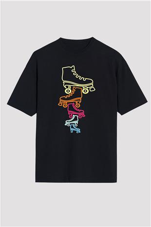 Paten Baskılı Unisex Siyah Oversize Tişört