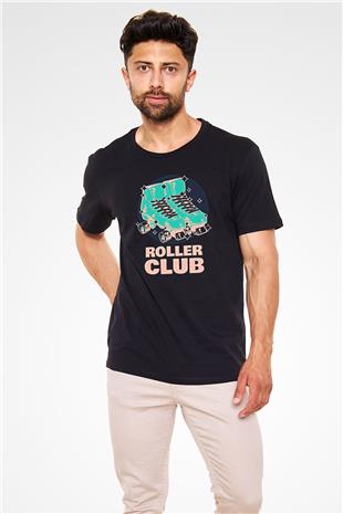 Paten Baskılı Unisex Siyah Tişört - Tshirt