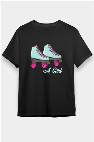 Paten Baskılı Unisex Siyah Tişört - Tshirt