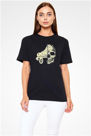 Paten Baskılı Unisex Siyah Tişört - Tshirt