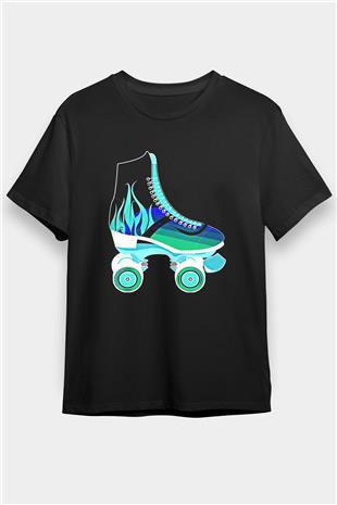 Paten Baskılı Unisex Siyah Tişört - Tshirt