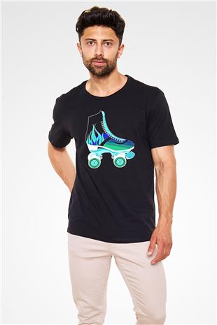 Paten Baskılı Unisex Siyah Tişört - Tshirt