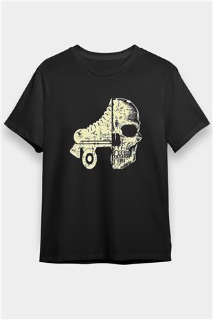 Paten Baskılı Unisex Siyah Tişört - Tshirt