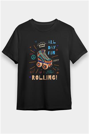 Paten Baskılı Unisex Siyah Tişört - Tshirt