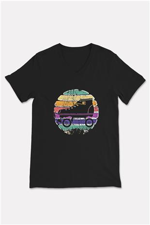 Paten Baskılı Unisex Siyah V Yaka Tişört