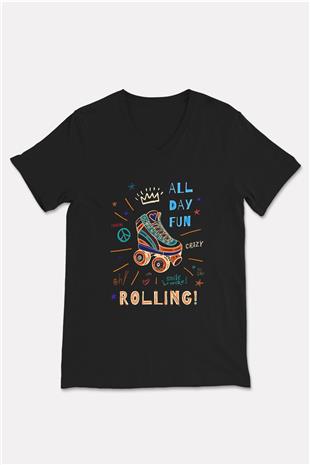 Paten Baskılı Unisex Siyah V Yaka Tişört