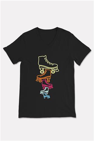 Paten Baskılı Unisex Siyah V Yaka Tişört