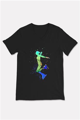 Paten Baskılı Unisex Siyah V Yaka Tişört