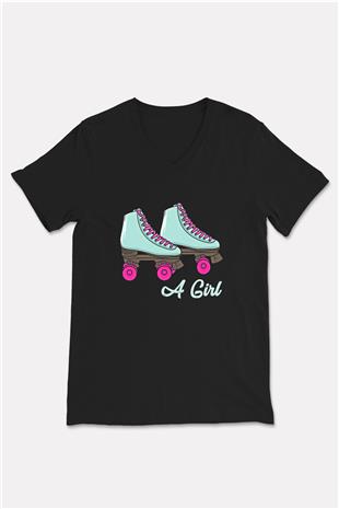Paten Baskılı Unisex Siyah V Yaka Tişört