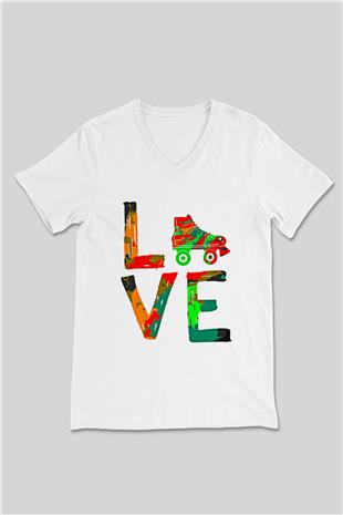 Paten Baskılı Unisex V Yaka Tişört - Tshirt