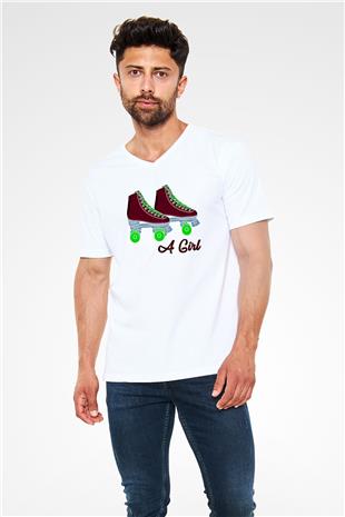 Paten Baskılı Unisex V Yaka Tişört - Tshirt