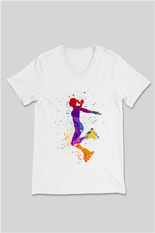 Paten Baskılı Unisex V Yaka Tişört - Tshirt