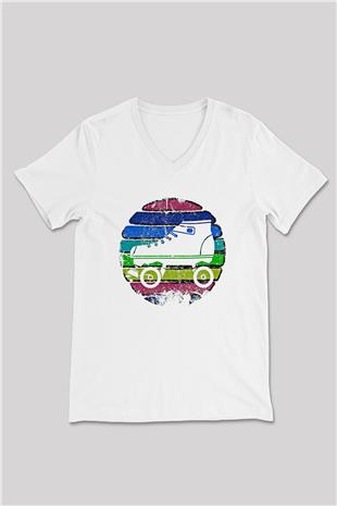 Paten Baskılı Unisex V Yaka Tişört - Tshirt