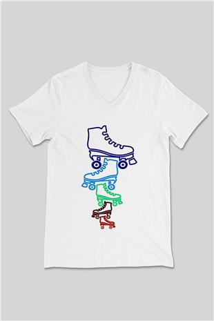 Paten Baskılı Unisex V Yaka Tişört - Tshirt