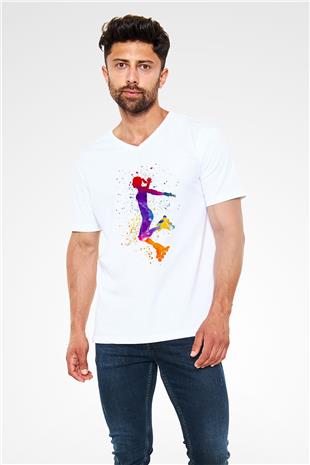 Paten Baskılı Unisex V Yaka Tişört - Tshirt
