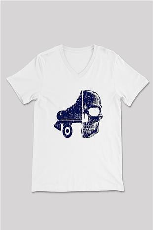Paten Baskılı Unisex V Yaka Tişört - Tshirt