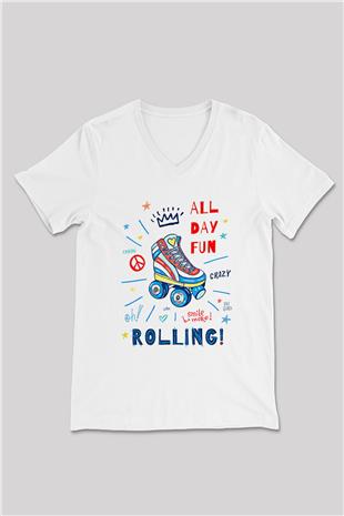 Paten Baskılı Unisex V Yaka Tişört - Tshirt