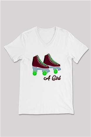 Paten Baskılı Unisex V Yaka Tişört - Tshirt