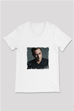 Paul Van Dyk Baskılı Beyaz V Yaka Unisex Tişört