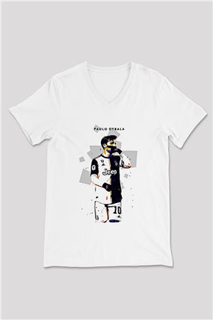 Paulo Dybala Baskılı Beyaz Unisex V Yaka Tişört - Tshirt