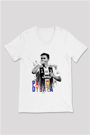 Paulo Dybala Baskılı Beyaz Unisex V Yaka Tişört - Tshirt