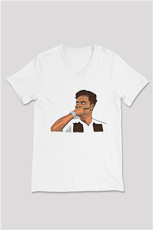 Paulo Dybala Baskılı Beyaz Unisex V Yaka Tişört - Tshirt