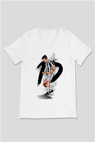 Paulo Dybala Baskılı Beyaz Unisex V Yaka Tişört - Tshirt