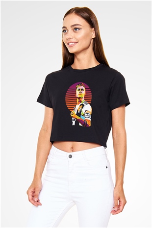 Paulo Dybala Baskılı Siyah Crop Top Kadın Tişört - Tshirt
